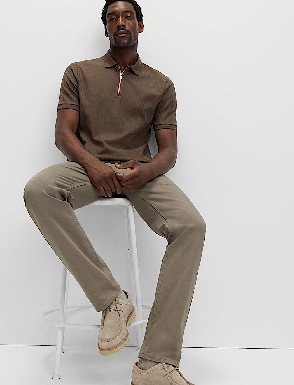 Cotton Rich Jacquard Zip Up Polo Shirt