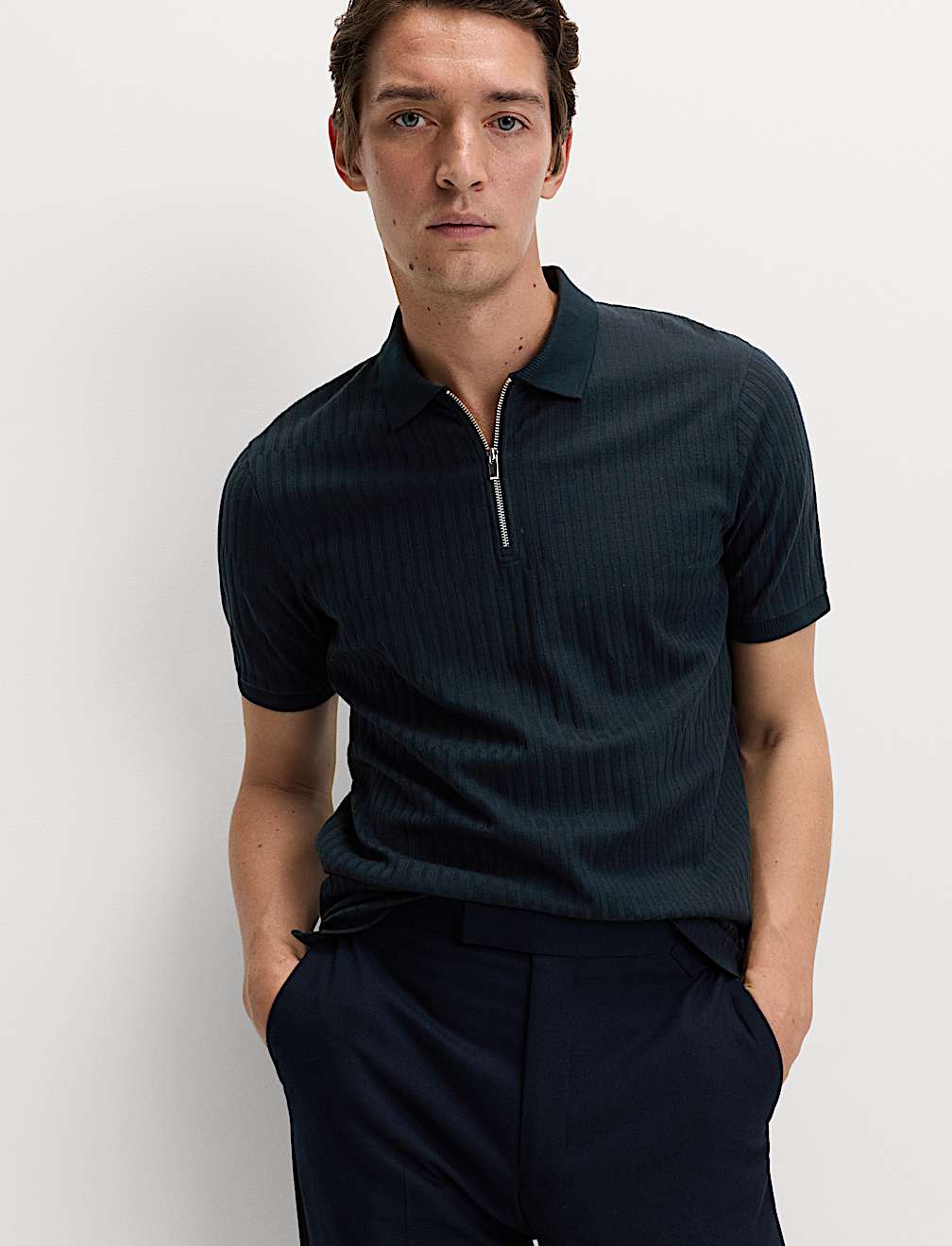 Cotton Rich Jacquard Zip Up Polo Shirt