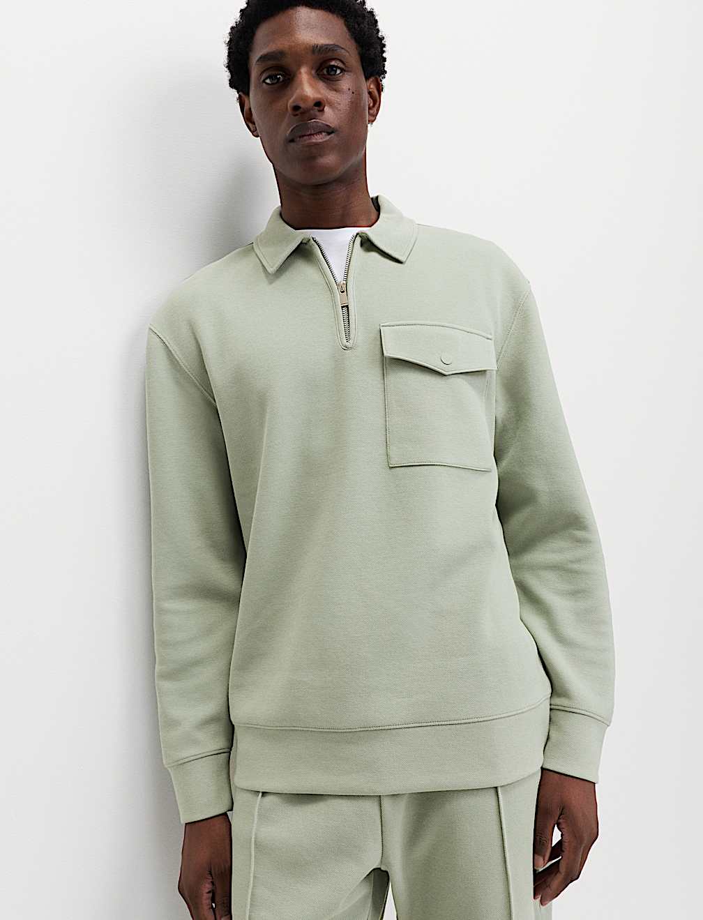 Cotton Blend Pique Half Zip Top