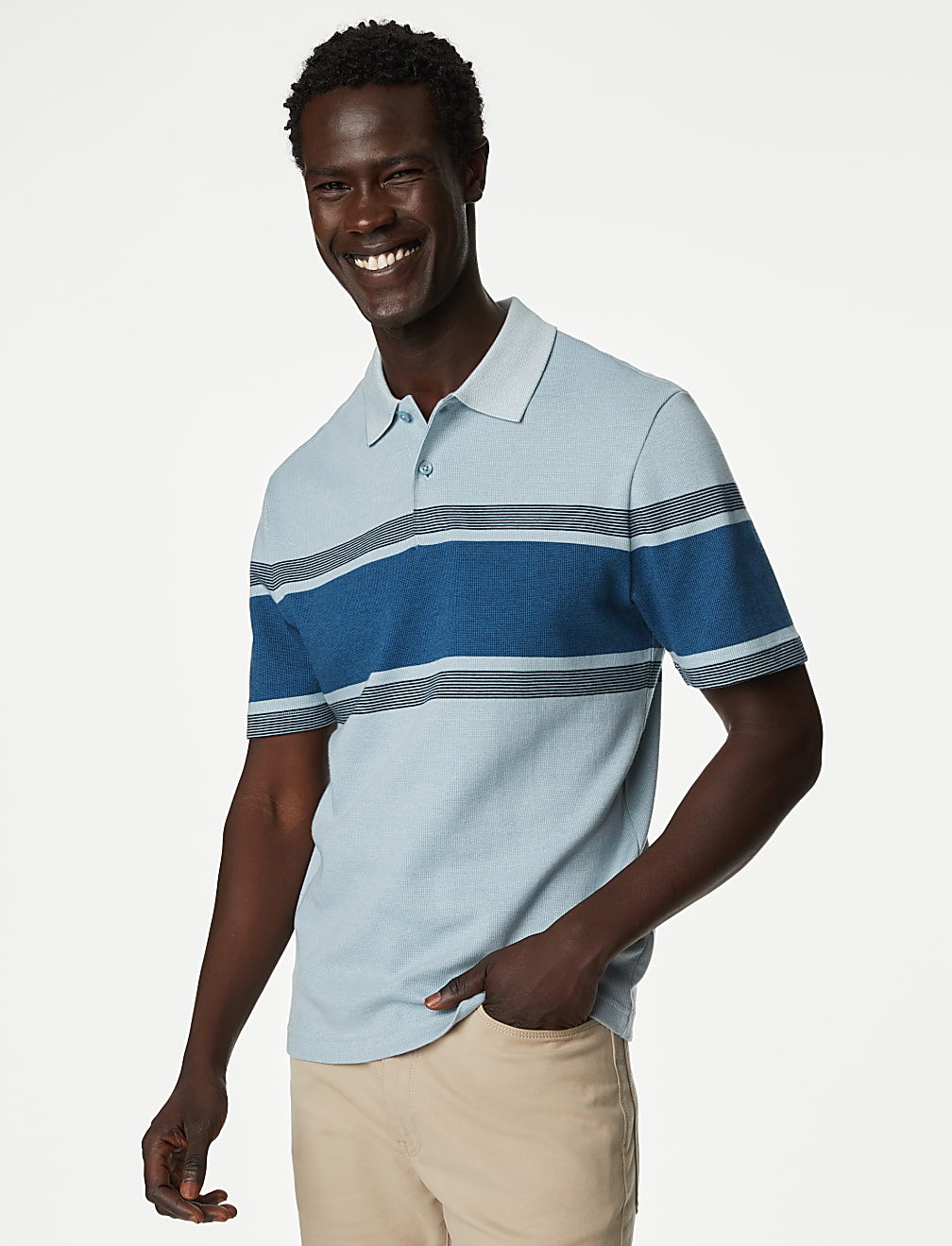Pure Cotton Striped Double Knit Polo Shirt