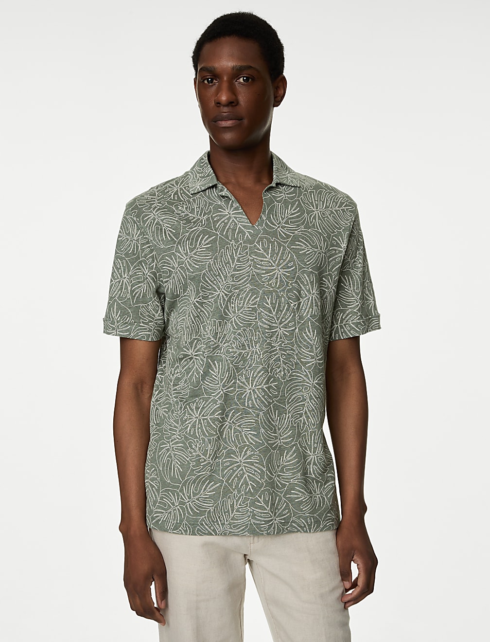 Pure Linen Leaf Print Polo Shirt