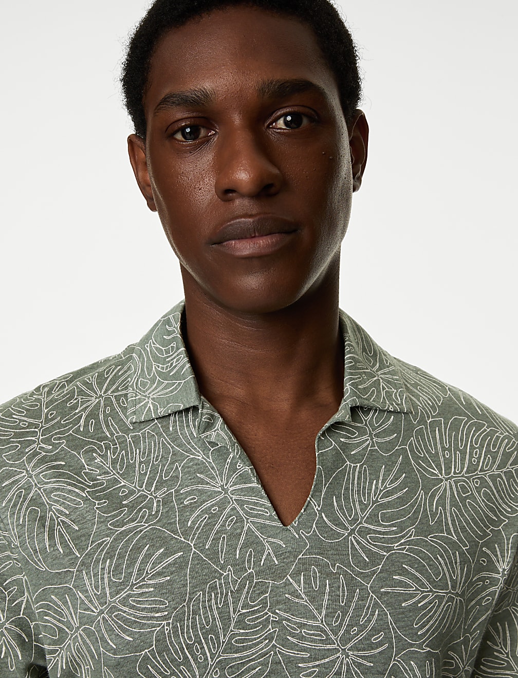 Pure Linen Leaf Print Polo Shirt