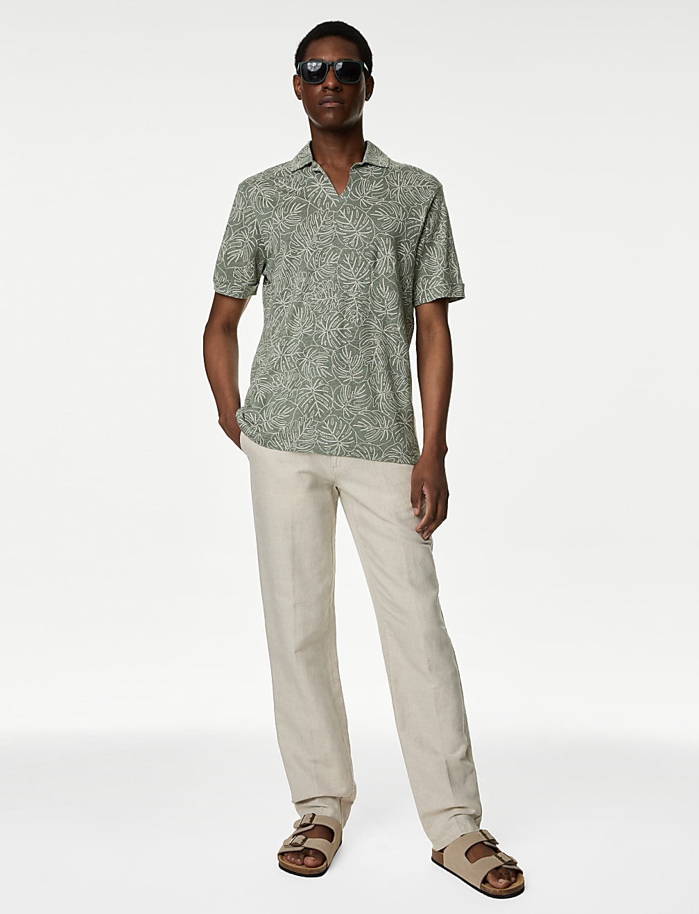 Pure Linen Leaf Print Polo Shirt