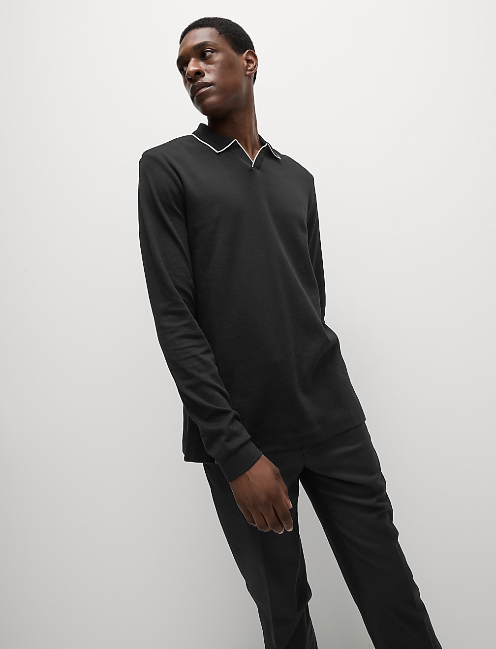 Pure Cotton Tipped Long Sleeve Polo Shirt