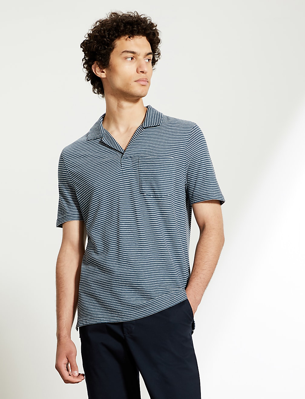 Cotton And Linen Striped Open Collar Polo Shirt