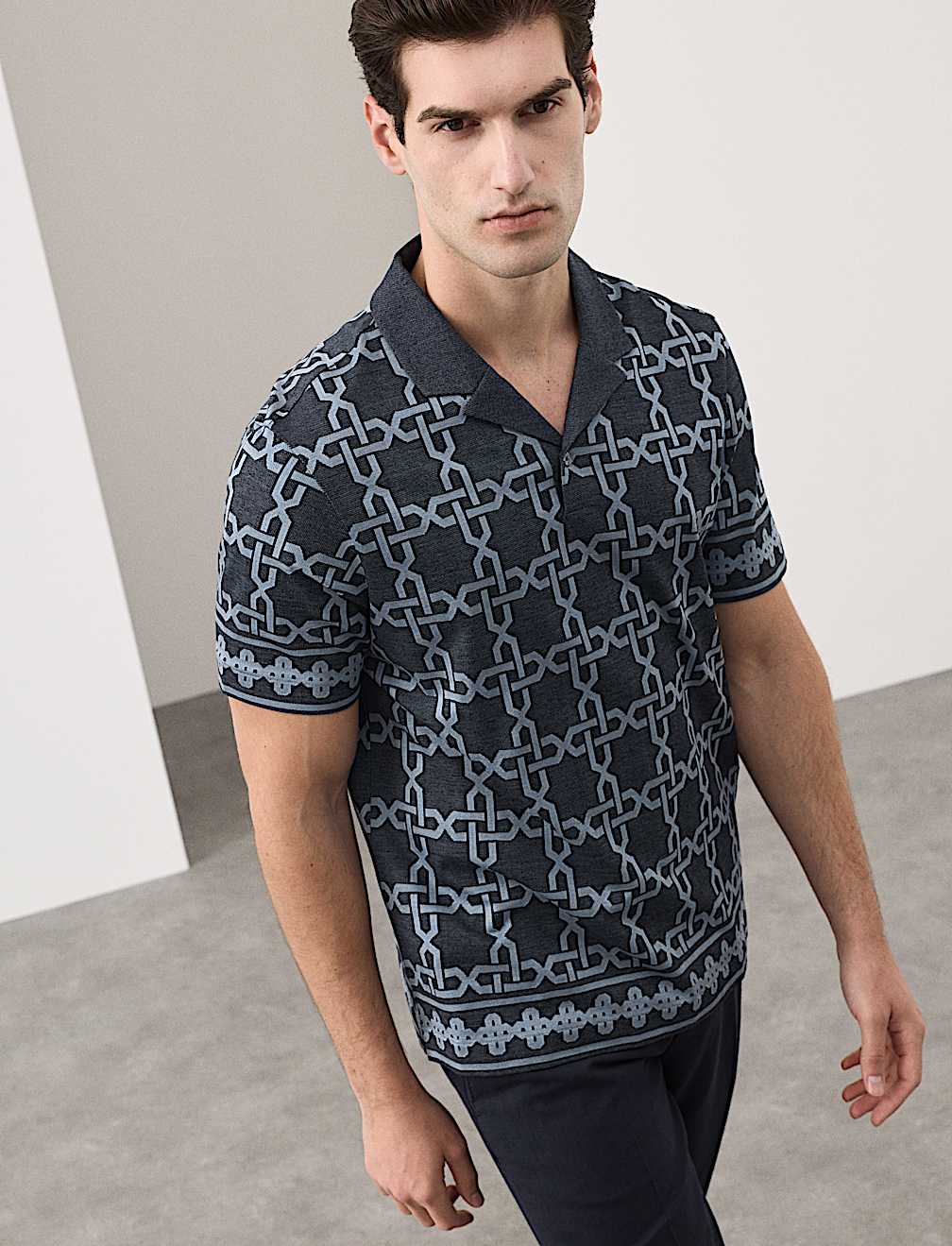 Pure Cotton AOP Geo Revere Jacquard Polo