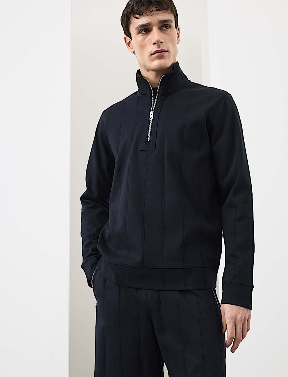 Pure Cotton Textured Striped Half Zip Jacket