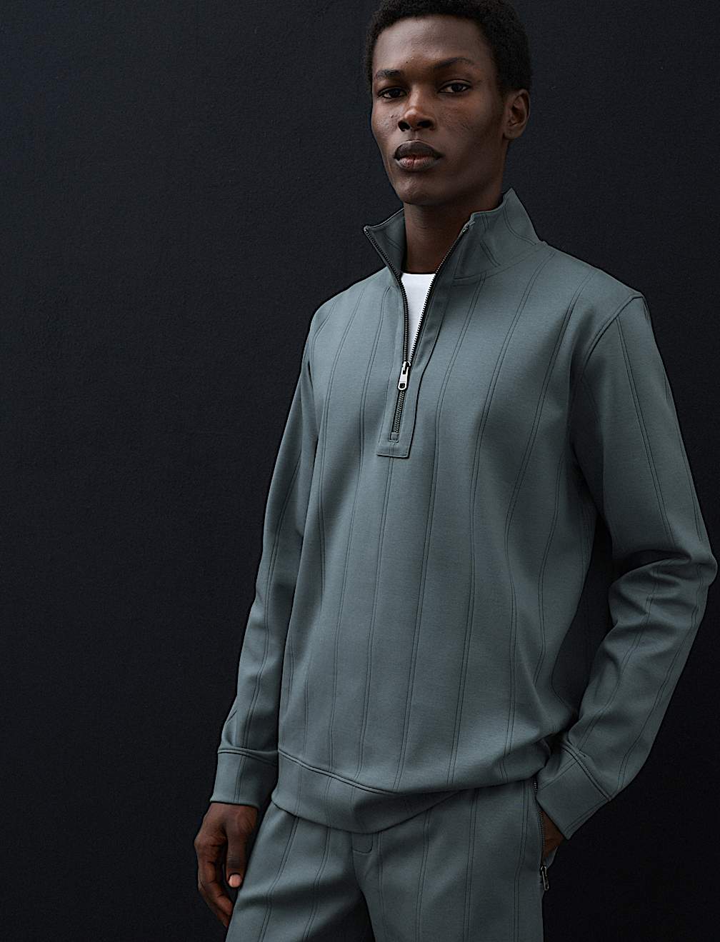 Pure Cotton Drop Needle Striped Half Zip Jacket
