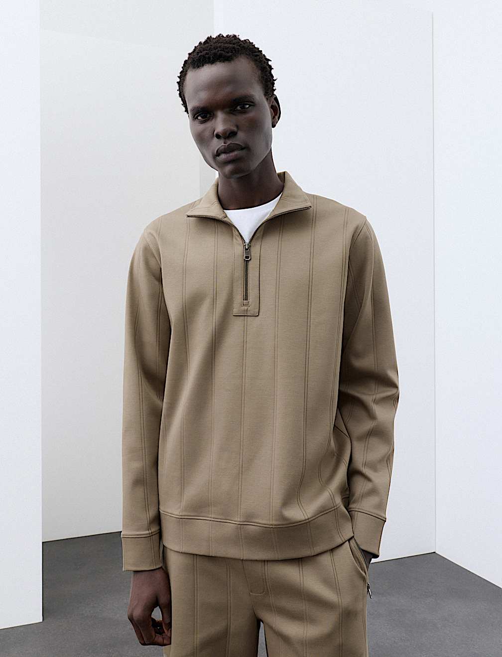 Pure Cotton Drop Needle Striped Half Zip Jacket