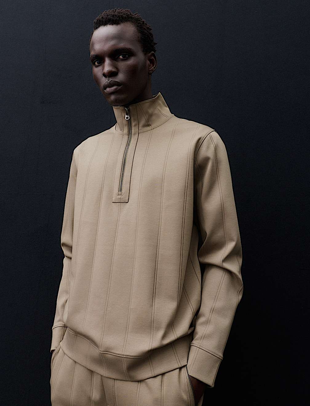 Pure Cotton Drop Needle Striped Half Zip Jacket