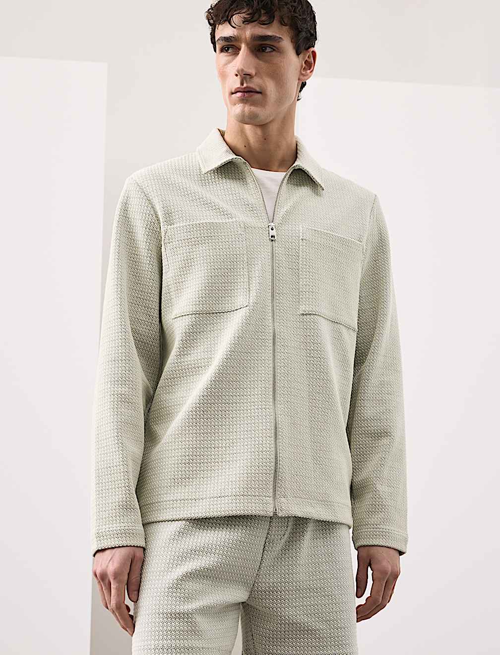 Cotton Blend Zip Up Textured Jacket