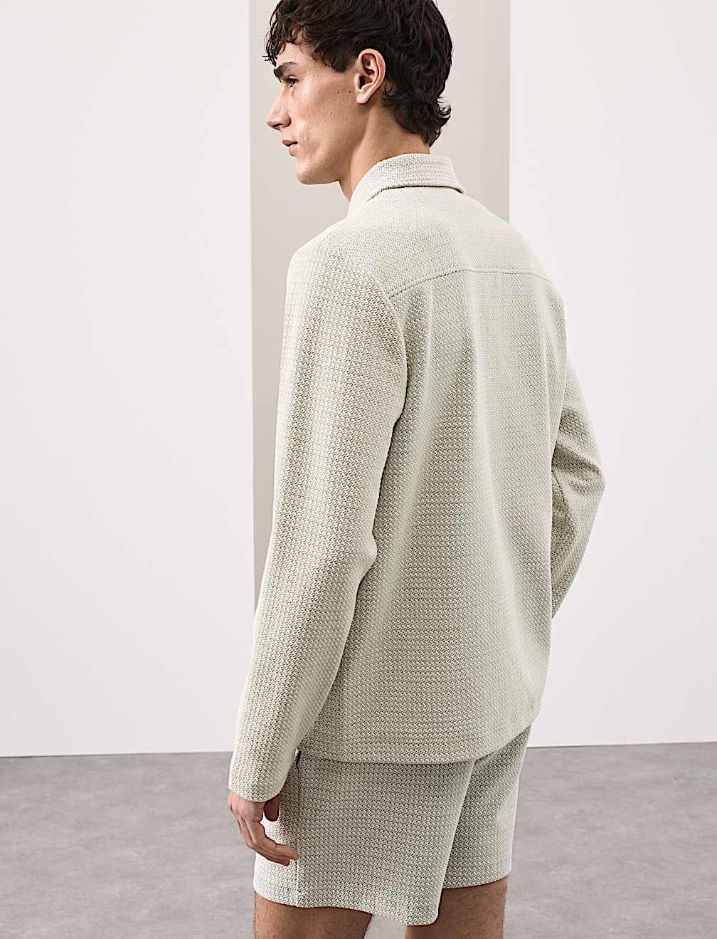 Cotton Blend Zip Up Textured Jacket