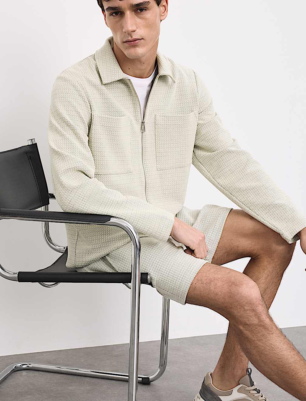 Cotton Blend Zip Up Textured Jacket