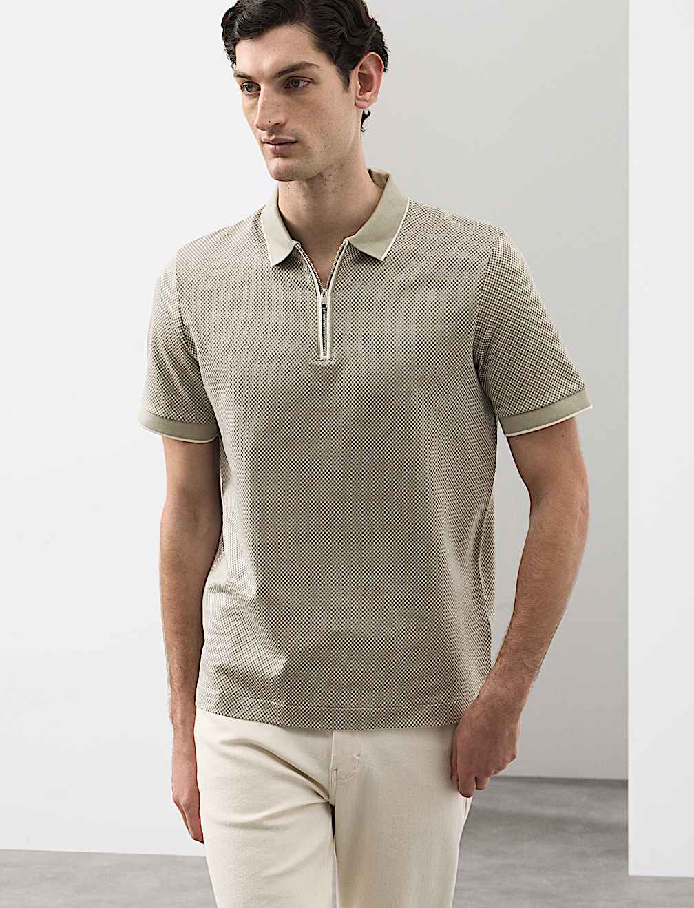 Pure Supima&reg; CottonJacquard Zip Up Polo Shirt
