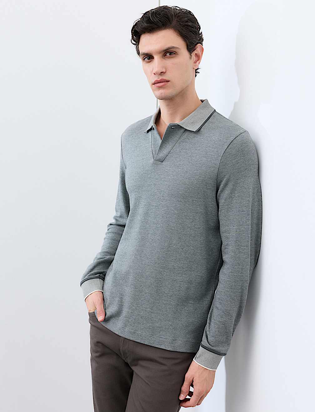 Cotton Rich Long Sleeve Polo Shirt