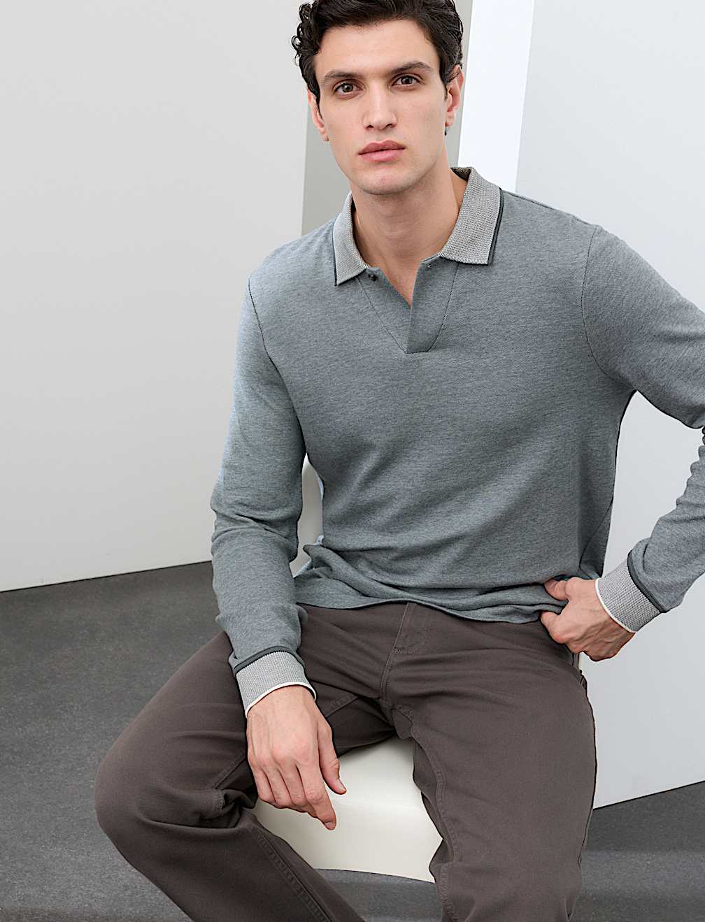Cotton Rich Long Sleeve Polo Shirt