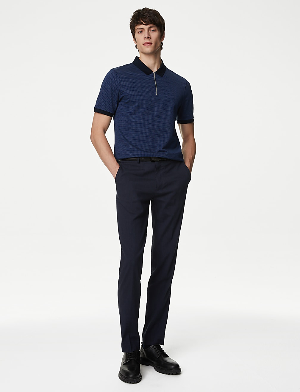 Pure Cotton Textured Half Zip Polo Shirt