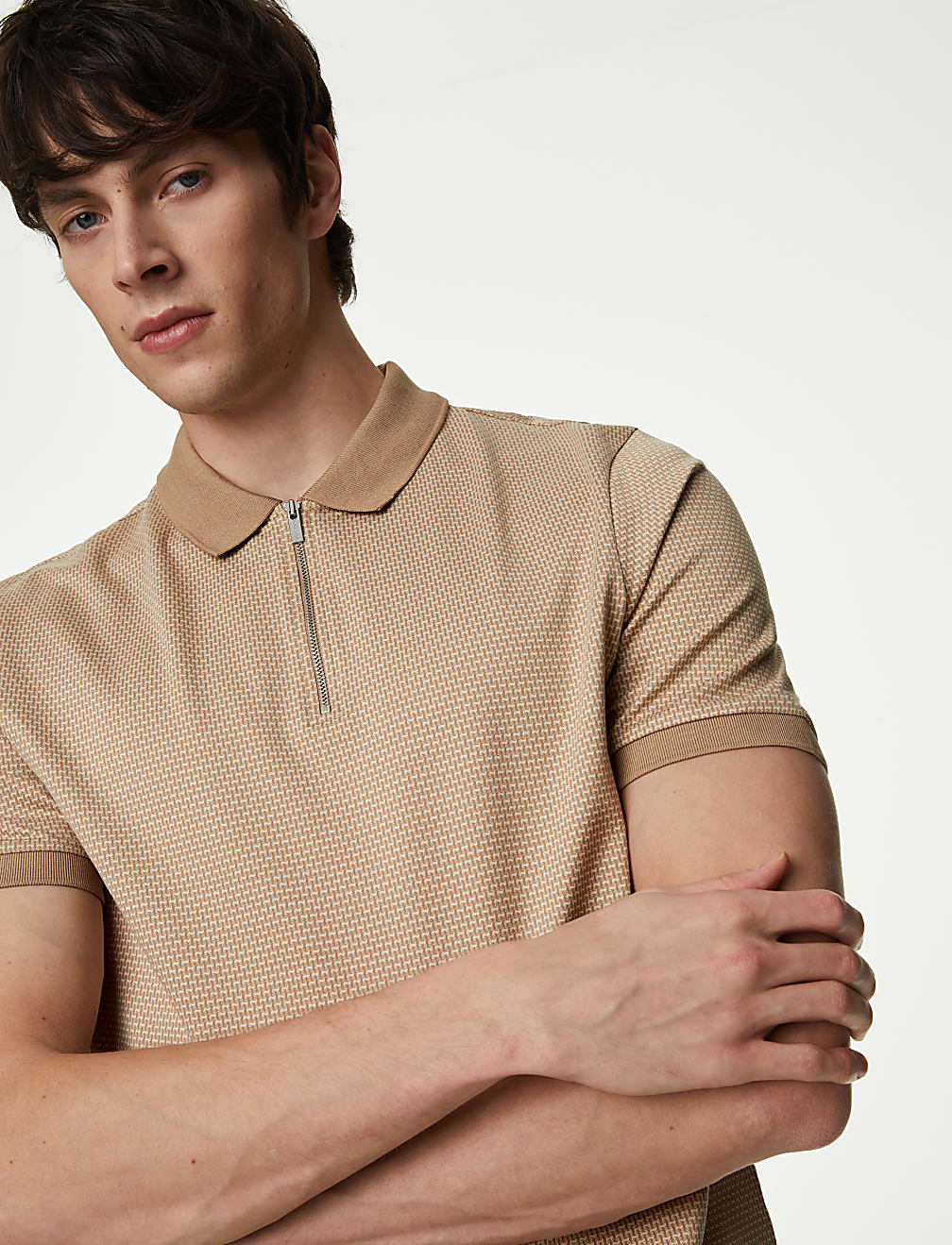 Pure Cotton Textured Half Zip Polo Shirt