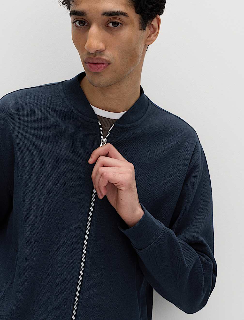 Cotton Blend Pique Bomber Jacket