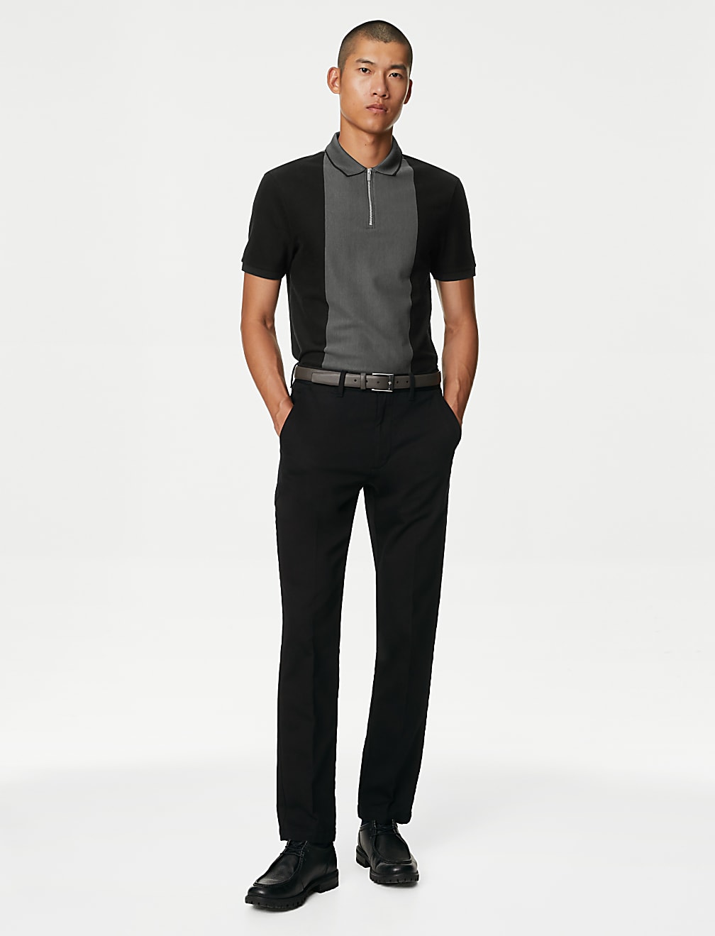 Pure Cotton Half Zip Colour Block Polo Shirt