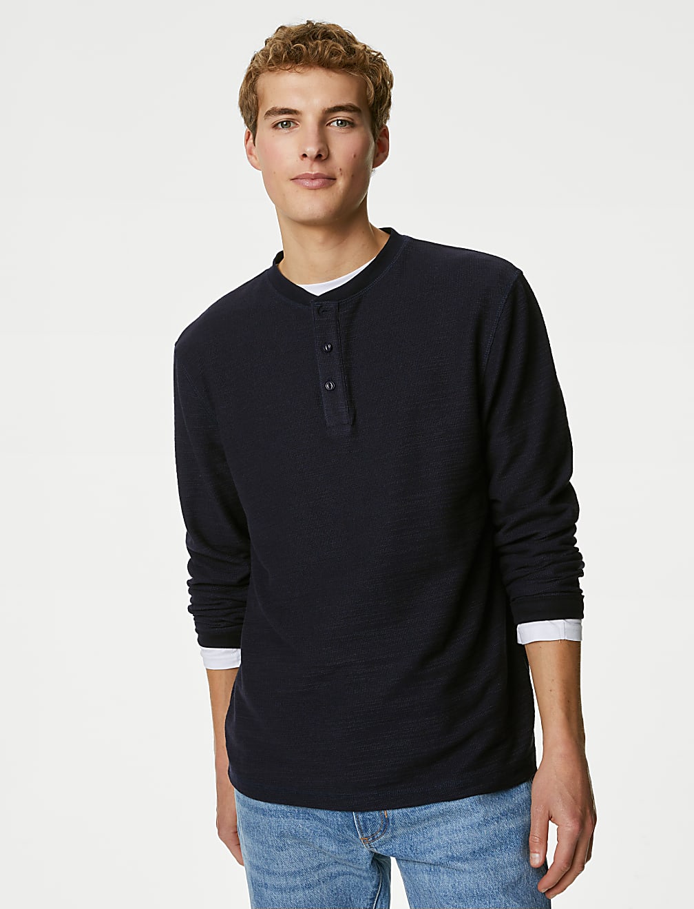 Cotton Blend Textured Henley T-Shirt