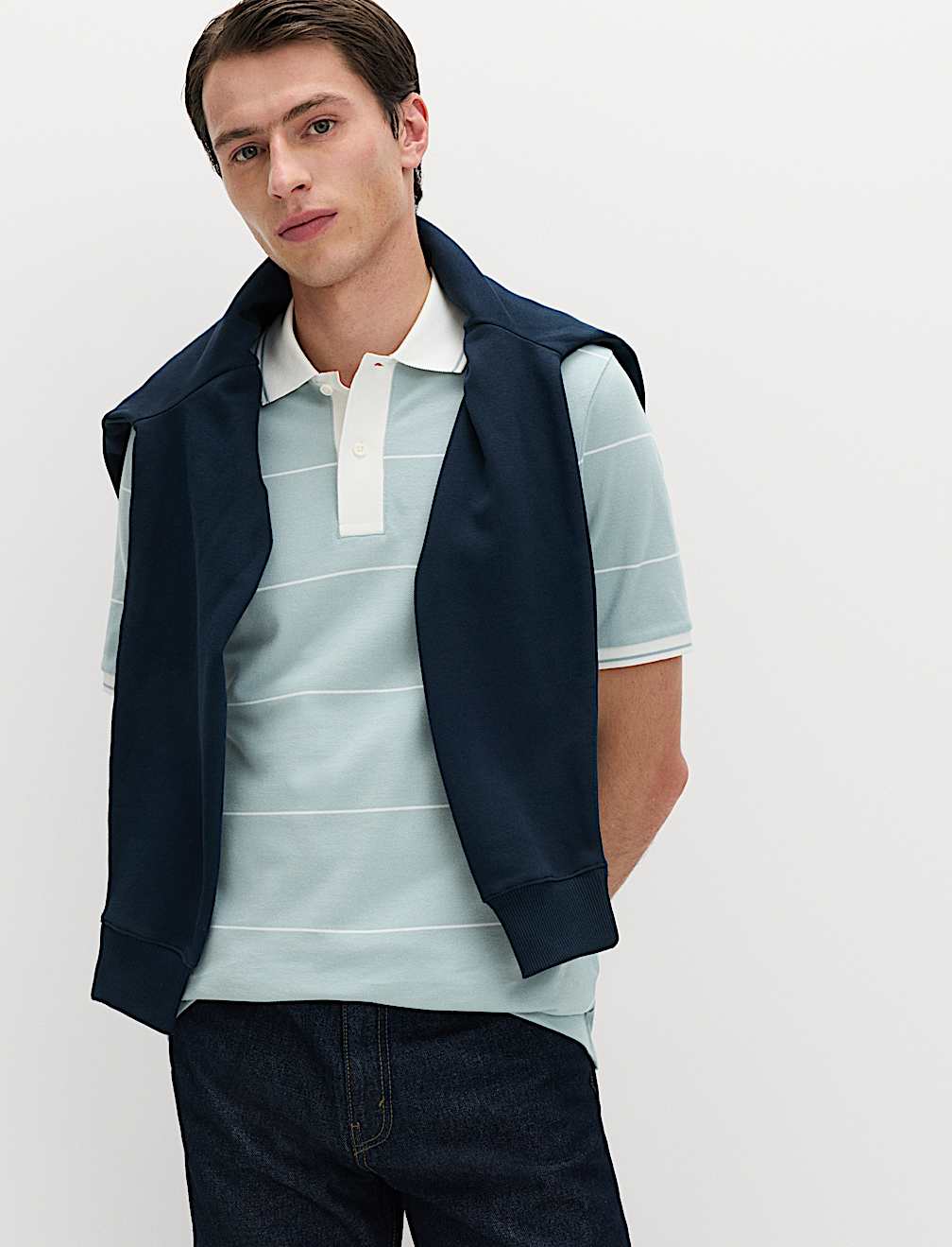 Pure Cotton Pique Striped Polo Shirt