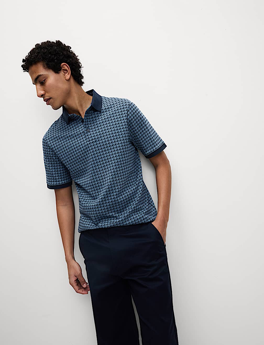 Pure Cotton Houndstooth Print Polo Shirt