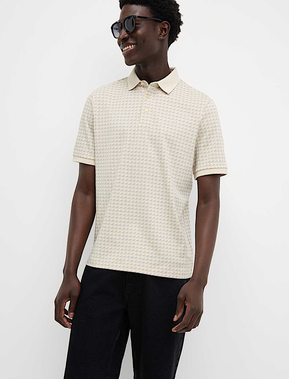 Pure Cotton Houndstooth Print Polo Shirt