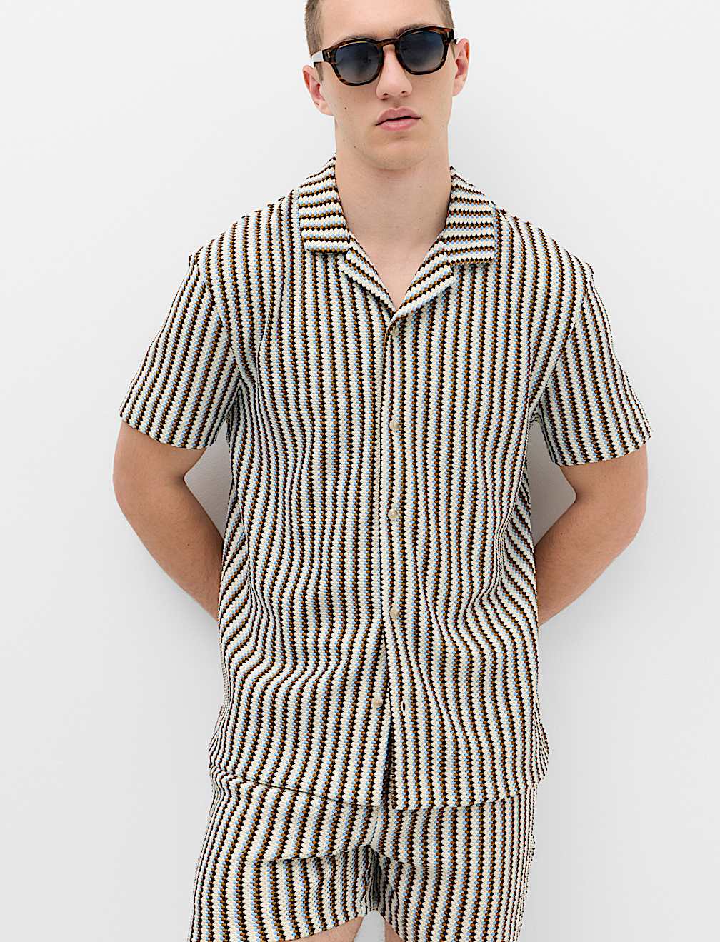Cotton Blend Textured Striped Short Sleeve Shirt