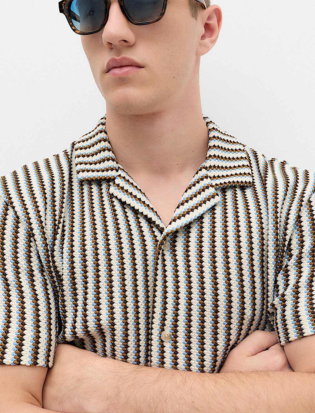 Cotton Blend Textured Striped Short Sleeve Shirt