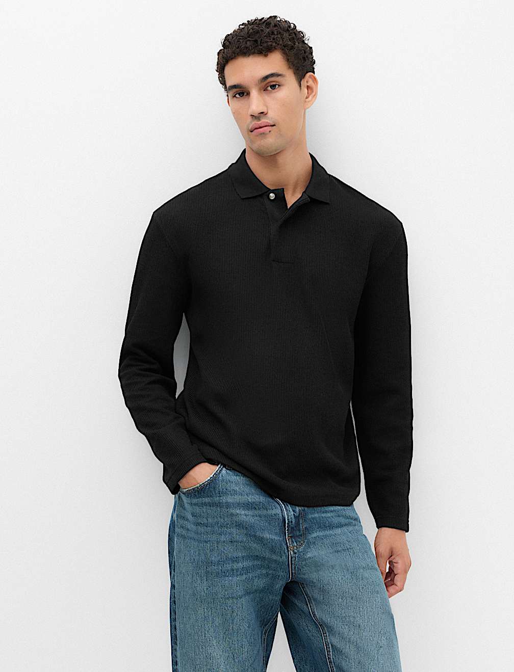 Cotton Blend Ribbed Long Sleeve Polo Shirt