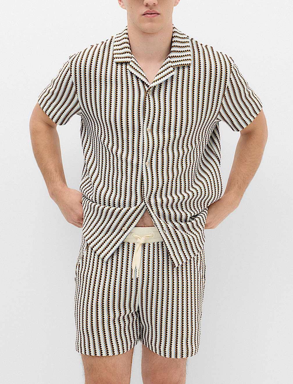 Striped Knit Textured Cotton Blend Shorts