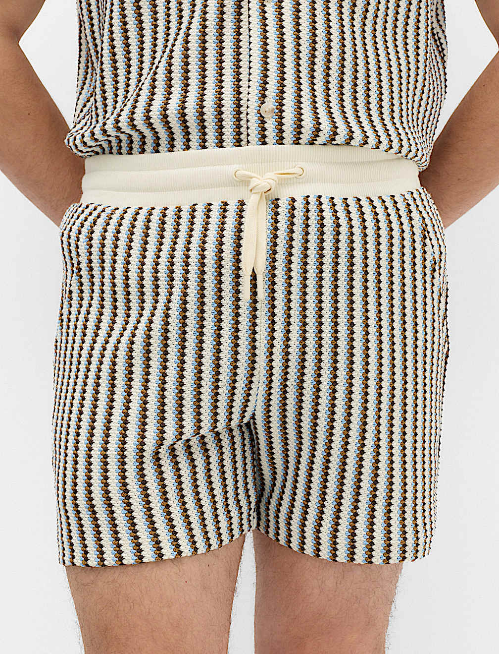 Striped Knit Textured Cotton Blend Shorts