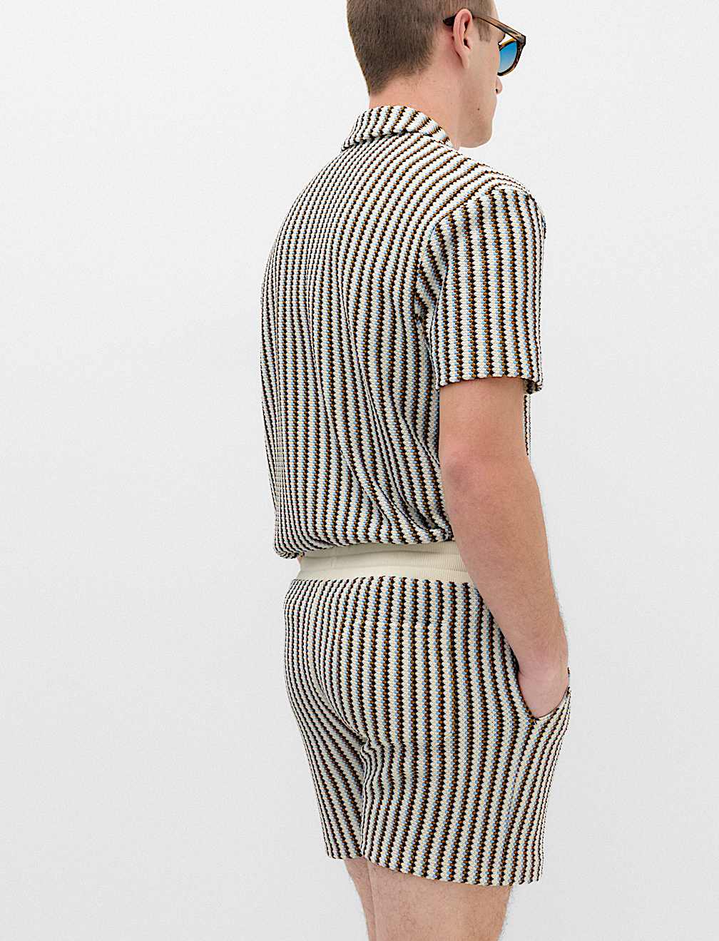 Striped Knit Textured Cotton Blend Shorts
