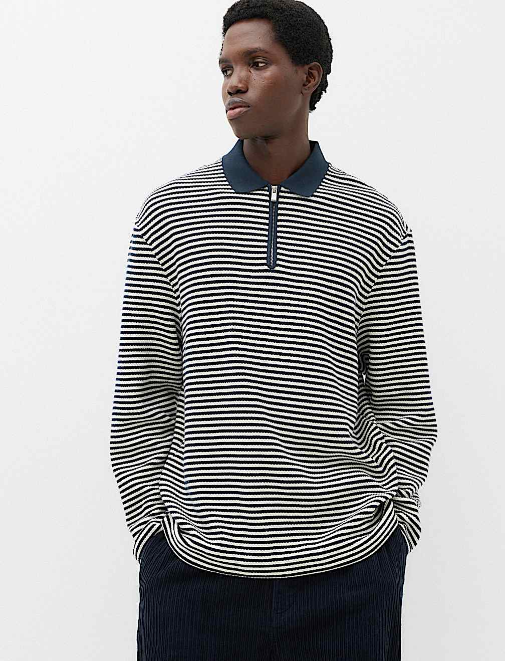 Pure Cotton Half Zip Striped Polo Shirt