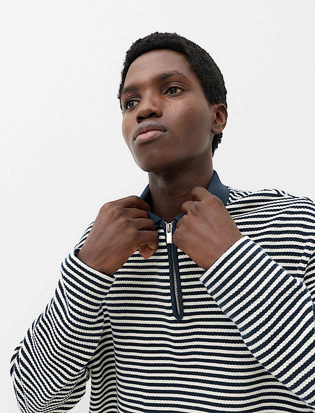 Pure Cotton Half Zip Striped Polo Shirt
