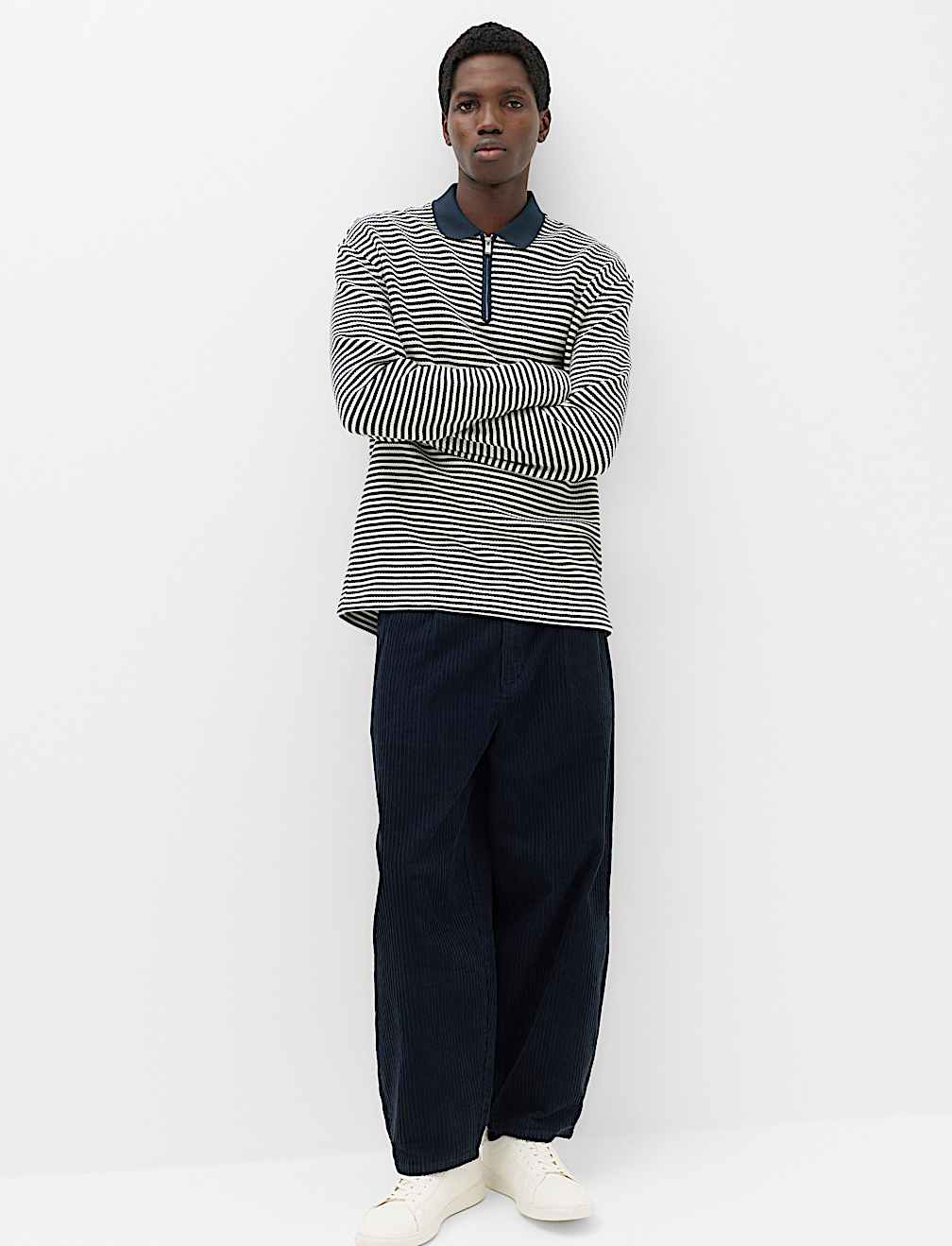 Pure Cotton Half Zip Striped Polo Shirt