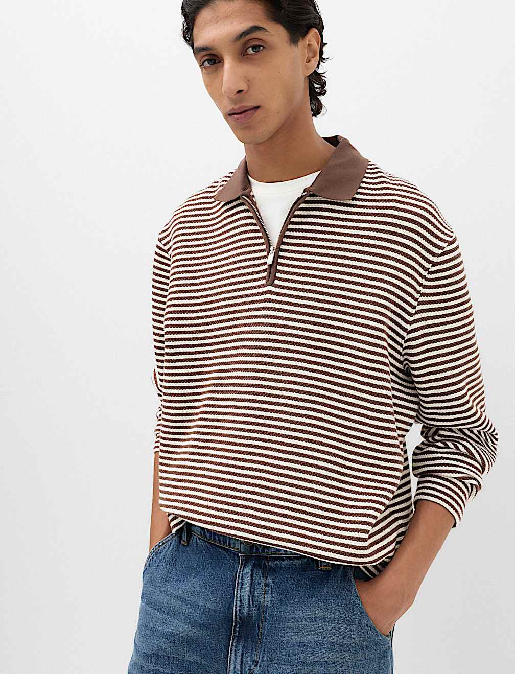Pure Cotton Half Zip Striped Polo Shirt