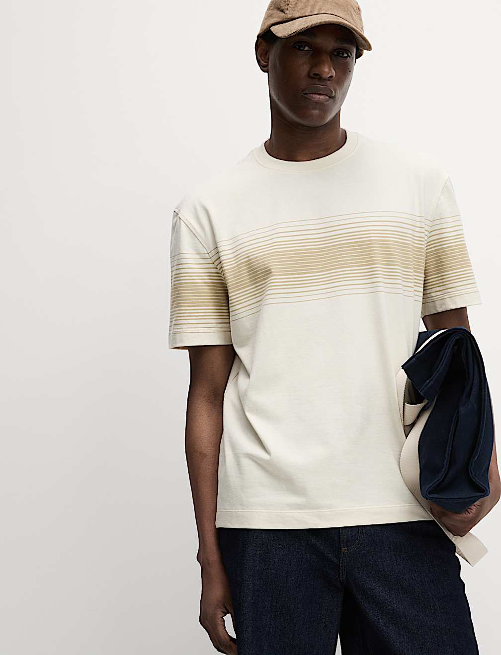 Pure Cotton Chest Stripe Crew Neck T-Shirt