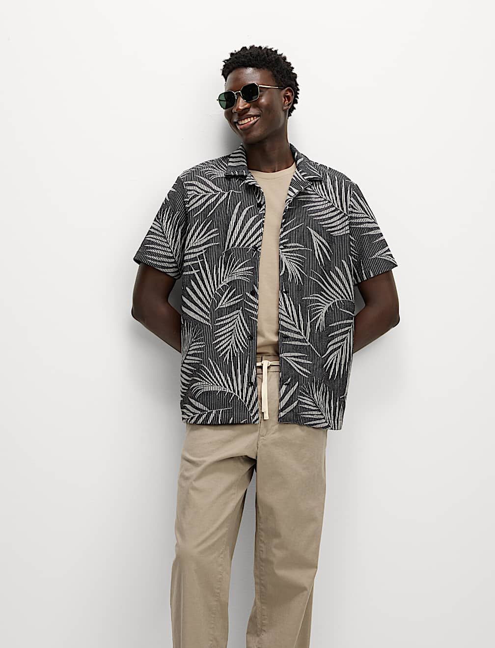 Jacquard Palm Leaf Print Polo Shirt