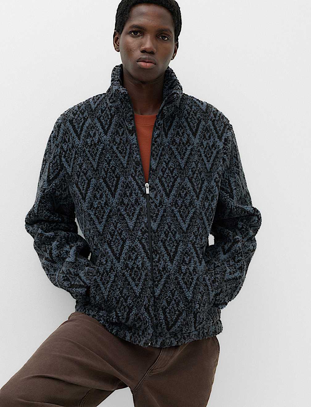 Printed Funnel Neck Fleece Jacket