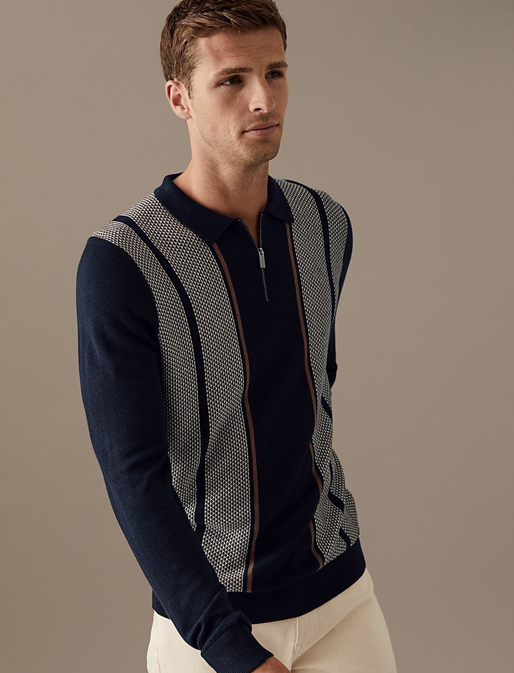 Striped Zip Neck Knitted Polo Shirt