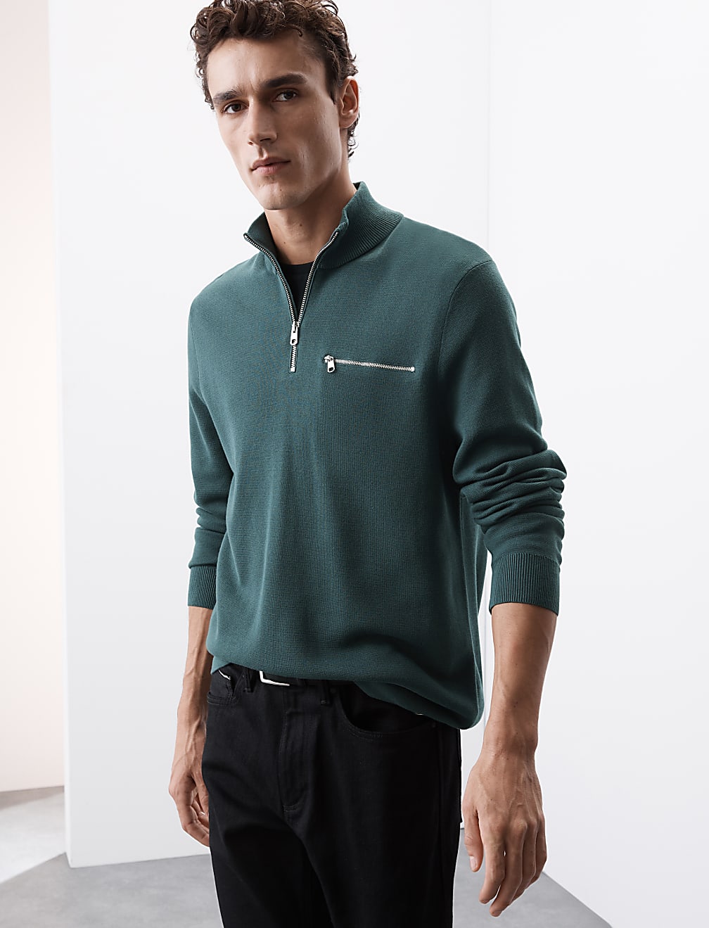 Cotton Rich Funnel Neck Half Zip Jumper
