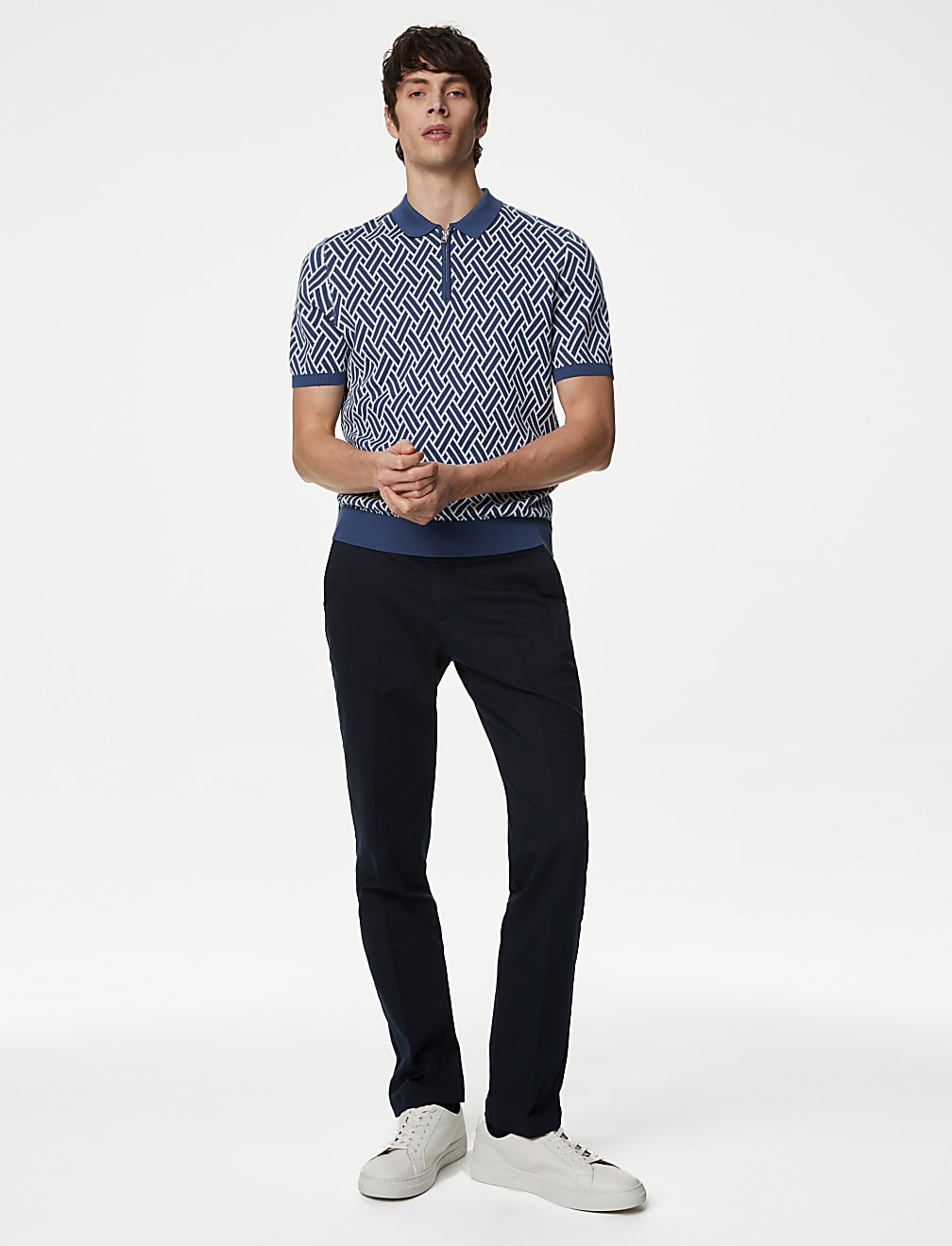 Cotton Rich Zip Up Knitted Polo Shirt