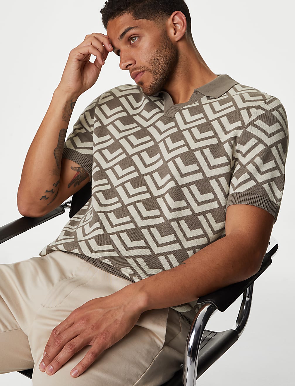 Cotton Rich Open Neck Knitted Polo Shirt