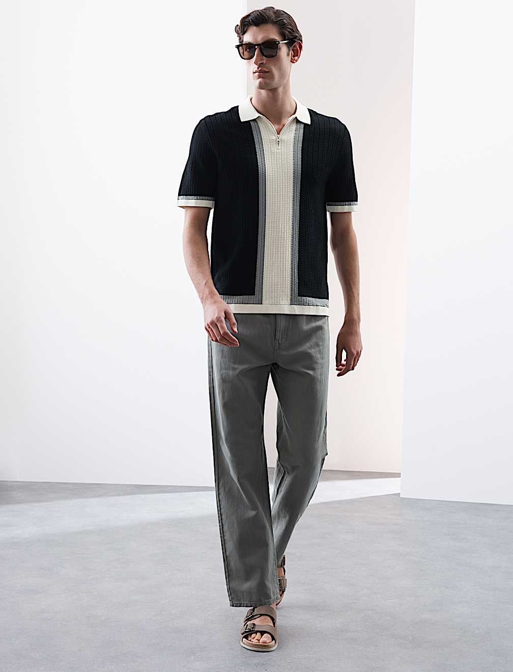 Mercerised Cotton Colour Block Knitted Polo Shirt