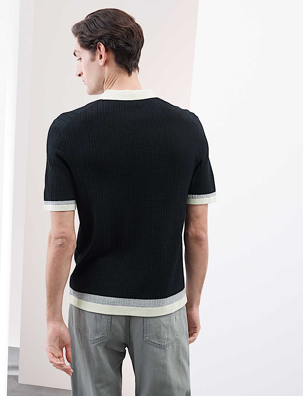 Mercerised Cotton Colour Block Knitted Polo Shirt