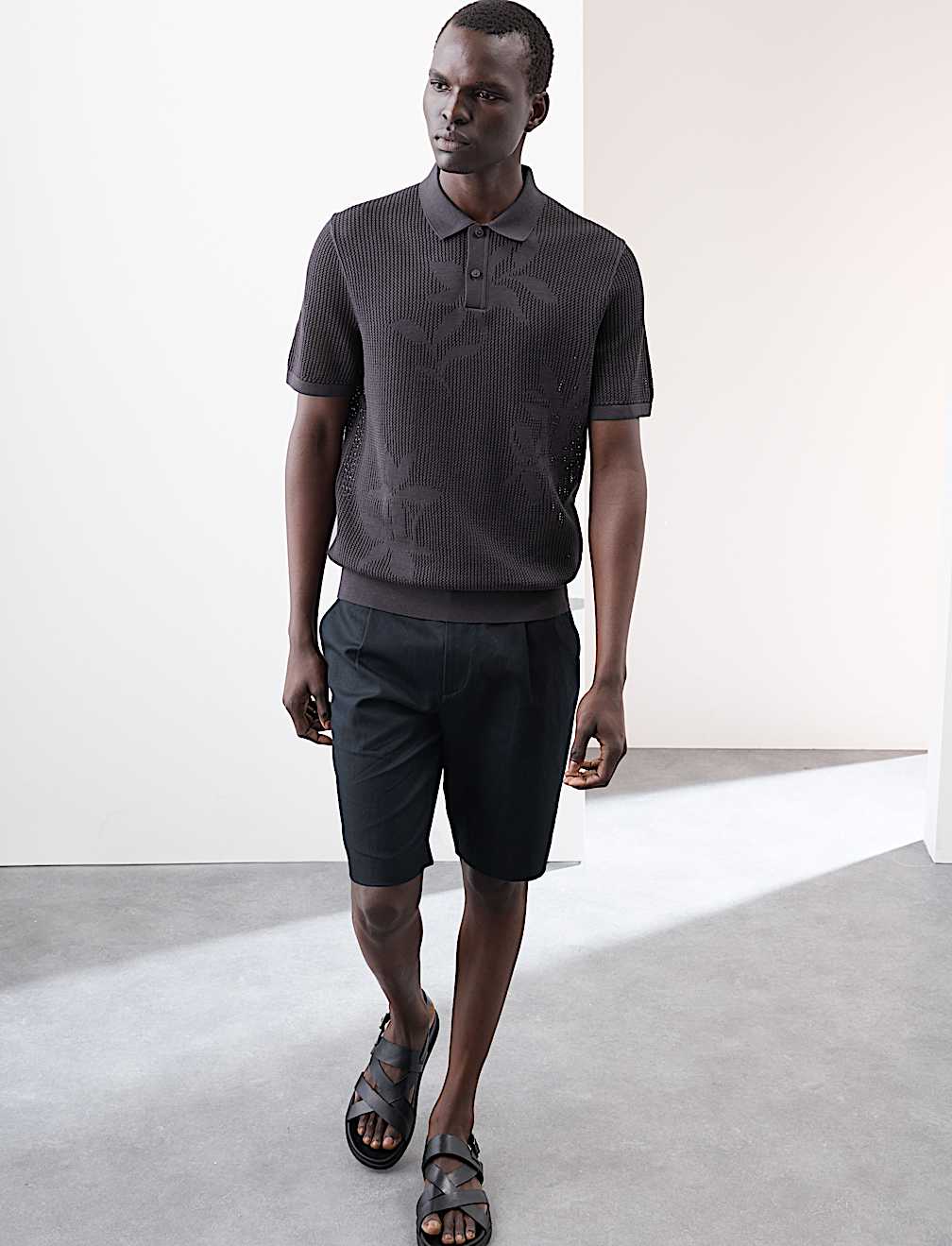 Floral Textured Knit Button Polo Shirt