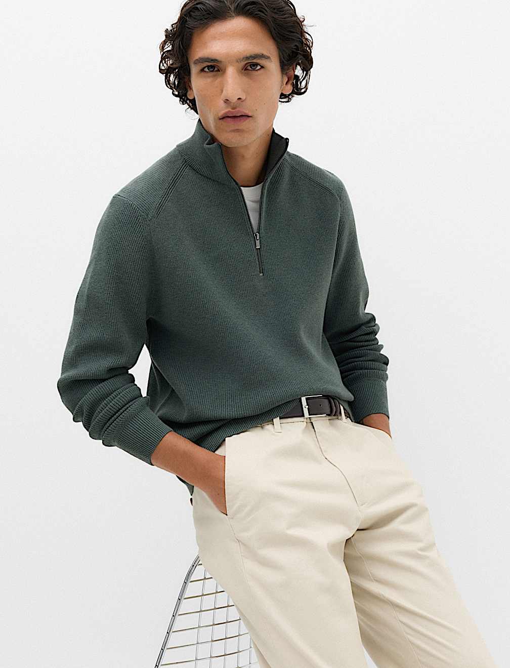 Cotton Blend Ribbed Half Zip Jumper