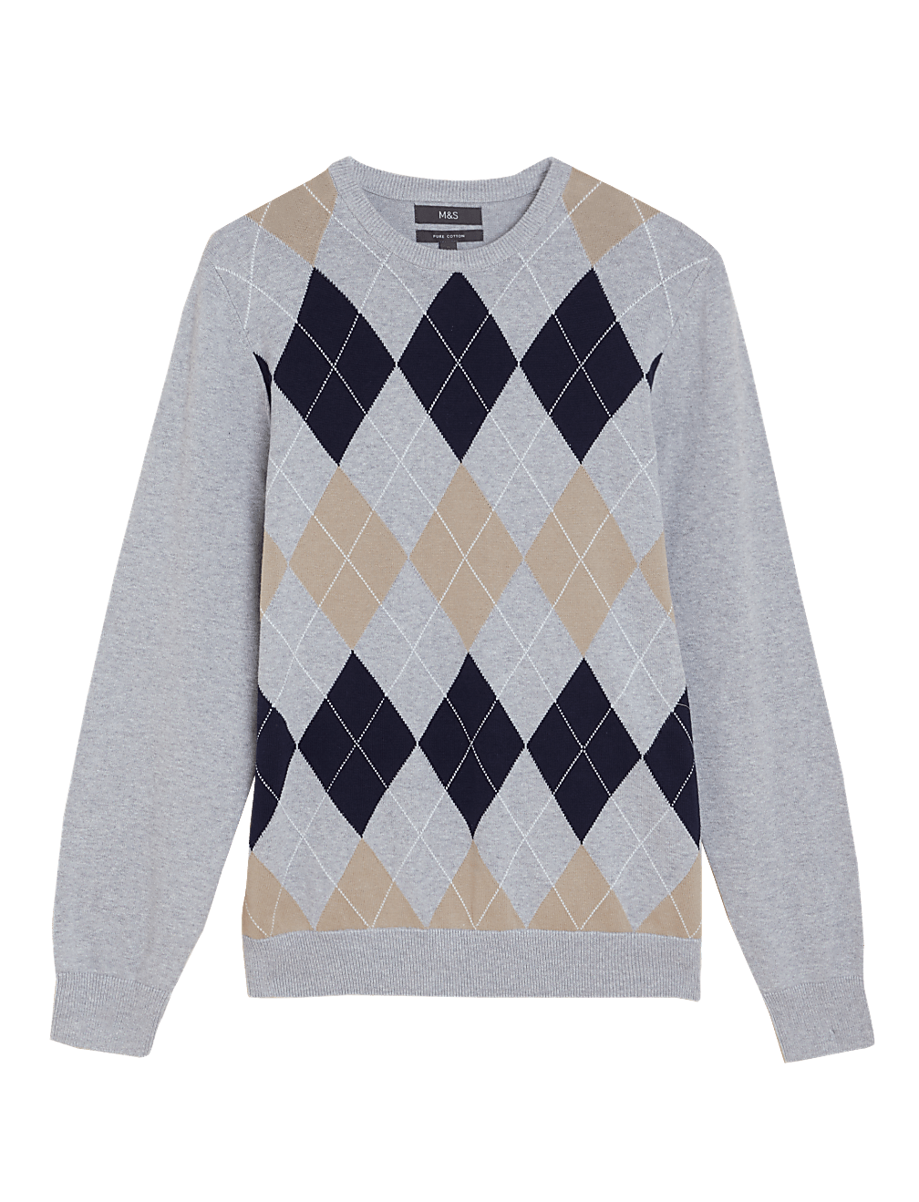Pure Cotton Argyle Print Crew Neck Jumper